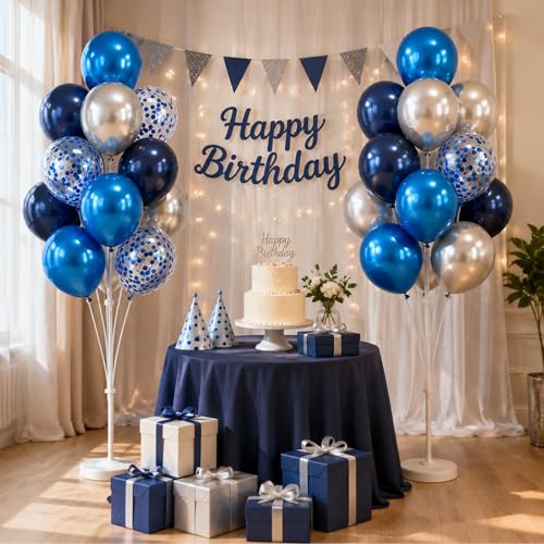 Image of Balloon Column Stand Kit with Balloons, Base and Pole, Balloon Column Kit for Floor or Table Backdrop Decoration for Party Wedding Baby Shower Birthday Graduation (Sliver Confetti Blue)