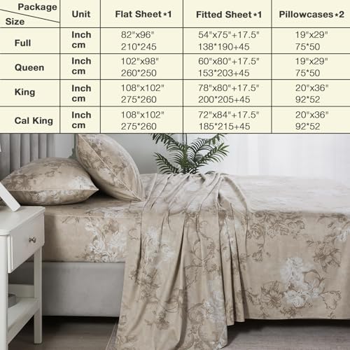 Image of Dark Beige Vintage Floral Percale Bed Sheets King Size Deep Pocket | 100% Cotton Brown Flower Farmhouse Sheets, Neutral Patterned Toile Sheet Set, Cottage Core Bedding, Shabby Chic, Crisp, 4Pcs