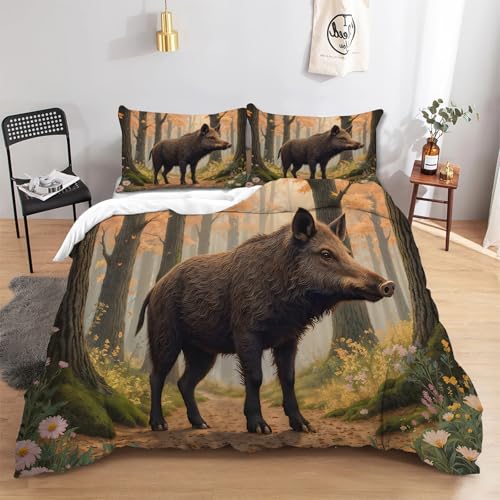 FamHarbor Wild Boar A3009 - Juego de funda de edredón individual con 2 fundas de almohada, microfibra suave, diseño de animales salvajes, color marrón y amarillo
