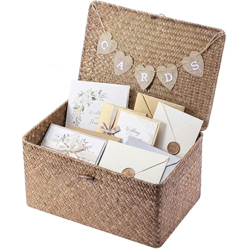 Image of Geelin Sea Grass Wedding Card Basket With Letter Flag Decorative Wedding Card Woven Post Box Suitable For Baby Showers Birthdays Graduation Ceremonies Bridal Showers(14 Inch,Coffee)