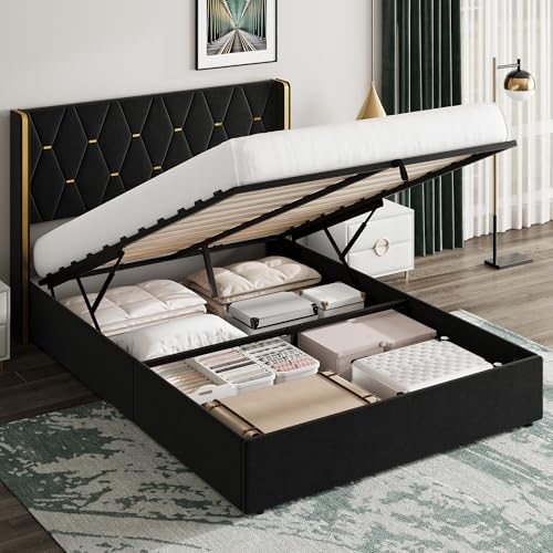 Garvee Full Size Lift Up Storage Bed Frame with with Gold Wingback Headboard, Velvet Upholstered Bed Frame with Diamond Tufted Design & Gold Trim, Hydraulic Support, No Box Spring Needed, Bl