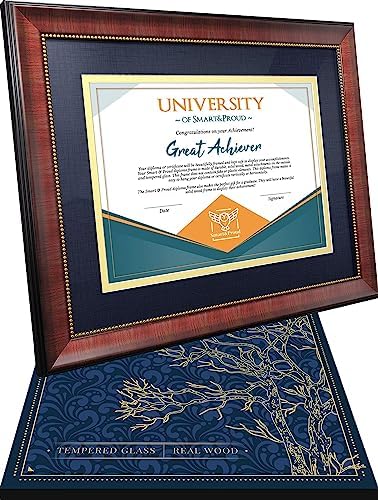 Wooden Diploma Frame 8.5x11 with mat and 11x14 w/o mat - graduation document frames - for bachelors and masters degree, high school or college, degree or certificate award frame (Blue Mat with golden rim)
