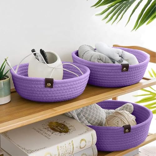 Image of Handmade Jute Cotton Storage Baskets Set of 3 for Dining Table, Fruit Basket & Roti Bowl, Cane Style Organizer for Kitchen, Home Decor, Washable Multipurpose (Purple)