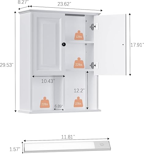 Vista 3 de HAIOOU Armario de pared de baño con luz LED con sensor de movimiento, armario de madera para medicamentos, armario de almacenamiento sobre inodoro