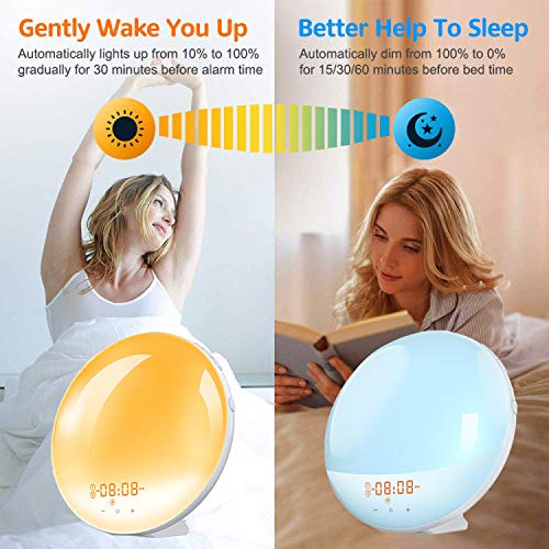Luz LED para despertar, simulador de amanecer, despertar luminoso temporal, 20 niveles de brillo simulador de amanecer y atardecer, 8 sonidos naturales con función Snooze Nightlight