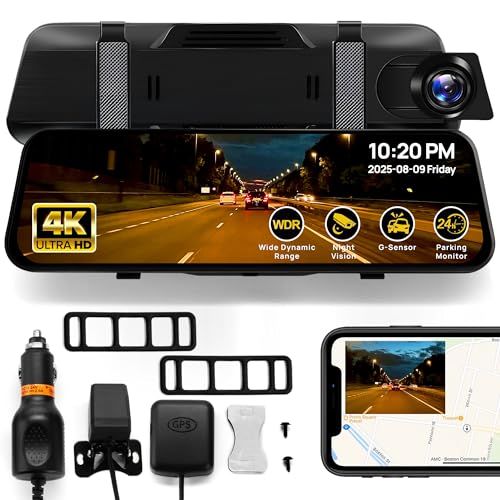 RIVELA 10” Rear View Mirror Camera - 4K Touchscreen Digital Rearview Mirror with GPS, G-Sensor,...