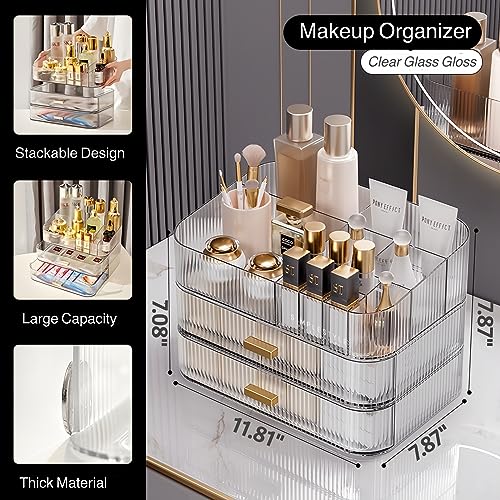 Clear Makeup Organizer for Vanity, Large Desk Organizer with Stackable Drawers for Cosmetics, Skincare, Lipsticks, Eyeshadow Palette, Nail Care, Ideal Storage for Dresser and Bathroom Countertop - Image 5