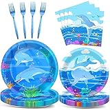 96 Pcs Ocean Dolphin Theme Party Supplies Set Dolphin Plates Napkins Forks Disposable Paper Dessert Cake Tableware Dinnerware Blue Under the Sea Birthday Party Baby Shower Decorations Favors 24 Guests