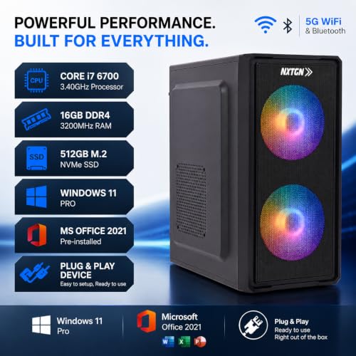 Image of NXTGN Radient Core i7 6th Gen Gaming /Editing Desktop PC | Core i7-6700 | 16GB DDR4 RAM | 512GB M.2 SSD | 5G WiFi & Bluetooth | HDMI, VGA, Ethernet | Windows 11 Pro & Office 2021 | 3 Years Warranty