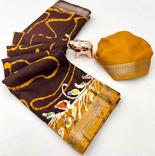 Image of Kalamkari Floral Prints Dola Silk Saree With Rich Zari Border Designer Pallu Attach Blouse Piece
