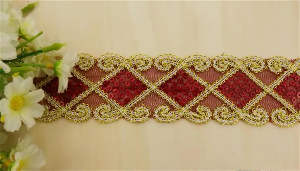 9 Yard Gold Embroidered Lace Appliques Sequined Lace Ribbon Bands Sewing Apparel Trims Sequin Belt Squared Floral 2''
