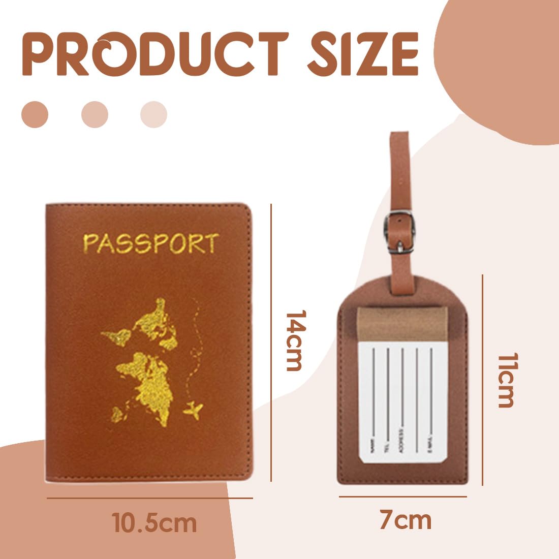 2 Pezzi Custodie Porta Passaporto E 2 Etichette Valigie, Da Viaggio In Pelle Pu, Per Bagagli, Supporto Per Carte D'Identità (Giallo, Marrone)