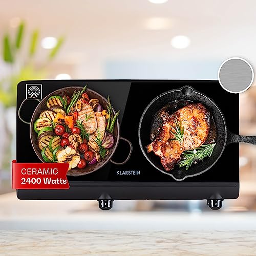 Klarstein Ceramic Hob, 2400W Built-In 2-Ring Electric Cooker with Stainless Steel Frame, Tabletop Ceramic Cooktop & Hot Plates