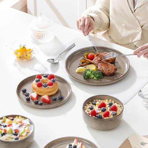 Image of vancasso PLAYA Plates and Bowls Sets, 18 Pieces Dark Brown Dinnerware Sets for Kitchen, Reactive Glaze Dishes Set for 6, Dishwasher and Microwave Safe