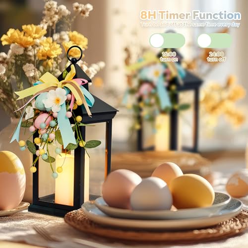 Image of Easter Lanterns Decorative Indoor & Outdoor, 14 Inch Black Candle Lanterns with Timer Waterproof, Hanging Spring and Easter Lantern Decor for Home, Table, Porch, Patio, 2 Pack