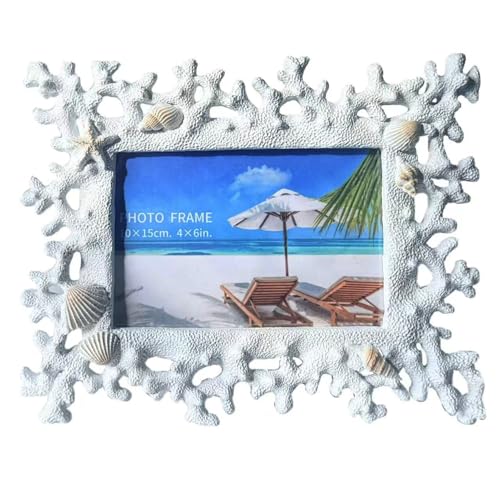 ZASEUCI Elegant White 4x6 Photo Frame - Elegant Resin Design with Coral Shell Detail Versatile Tabletop or Wall Mount Perfect for Wedding Gifts & Home Decor
