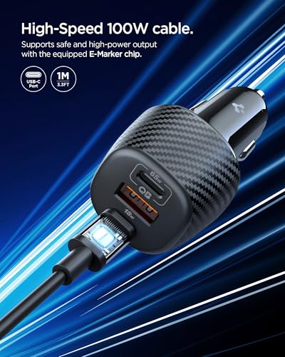 Image of Spigen Triple Port Car Charger Total 113w(65w+18w+30w), PPS, Cable Included, Quick and Super Fast Charging for iPhone Series, Galaxy Series, iPad, MacBook & More (EV1133) - Black