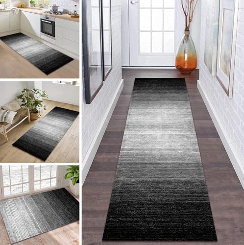 Alfombra larga para cocina, pasillo, antideslizante, lavable, color negro y gris, alfombra de pasillo, 40 x 80 cm, por metros, para dormitorio, salón, comedor, cocina