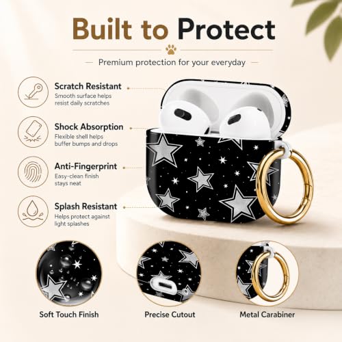 Compatible with AirPod 4 Case 2024, Cute Hard Plastic Protective Cover for Airpod 4th Generation Women, Shockproof Shell Skin with Gold Ring Keychain,Star Black Silver Stars by ANDRIU - Used condition - Image 3