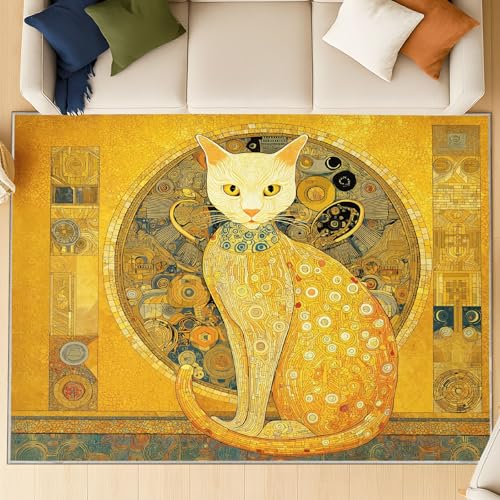 Genérico Alfombra salón Lavable 40 Grados – Alfombra Antideslizante Suave cómoda, Alfombra Reverso Antideslizante mullida, Delicado vívido Gato Dorado, Dorado, 60 X 90 cm
