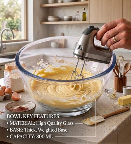Image of Large Glass Salad Serving Bowl 800 Ml Set of 1, Deep Round Clear Glass Prep & Mixing Bowl, Heavy-Duty Glassware Centerpiece for Fruit, Pasta, Grain Bowls & Trifle