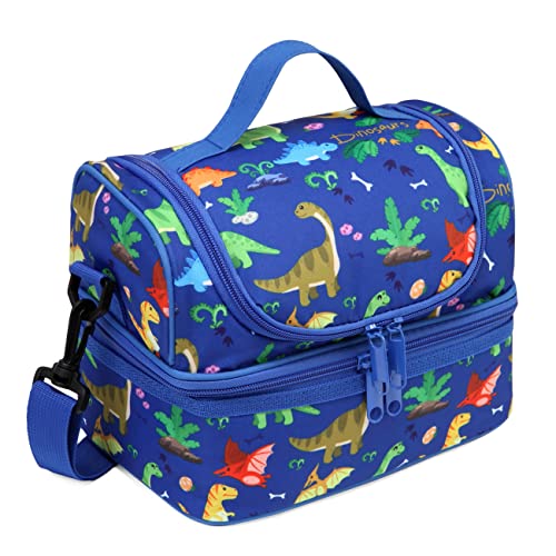 Chase Chic Lunchtasche Kinder, Isoliert Jungen Lunchboxen Kühltasche mit Zwei Fächern und Abnehmbarer Verstellbarer Kinder Lunchpaket Kindergarten Tasche Blauer Dinosaurier