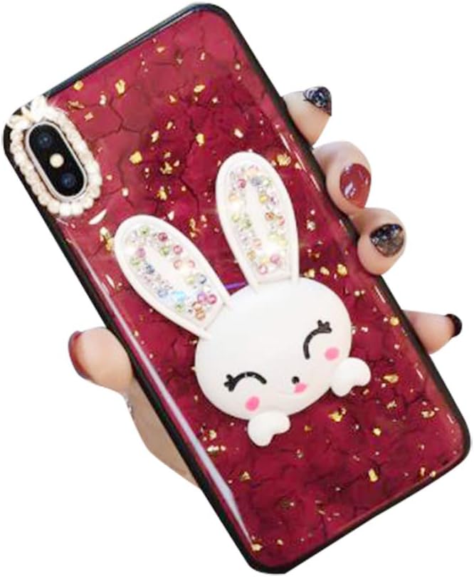 Aulzaju Case for iPhone XR 6.1 Inch, iPhone XR Bling Cute Rabbit Ring Stand Case Hard PC Back Soft Raised TPU Edge Marble Design Cover for iPhone XR for Girls Women Kids-Red