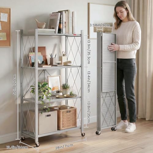 Image of DEANIC 4 Tier Foldable Storage Shelves with Wheels, Large Capacity Shelving Unit, Freestanding Metal Wire Shelf Rack, No Assembly Organizer Rack for Garage Kitchen, Basement, Pantry(Grey Pack of 2)