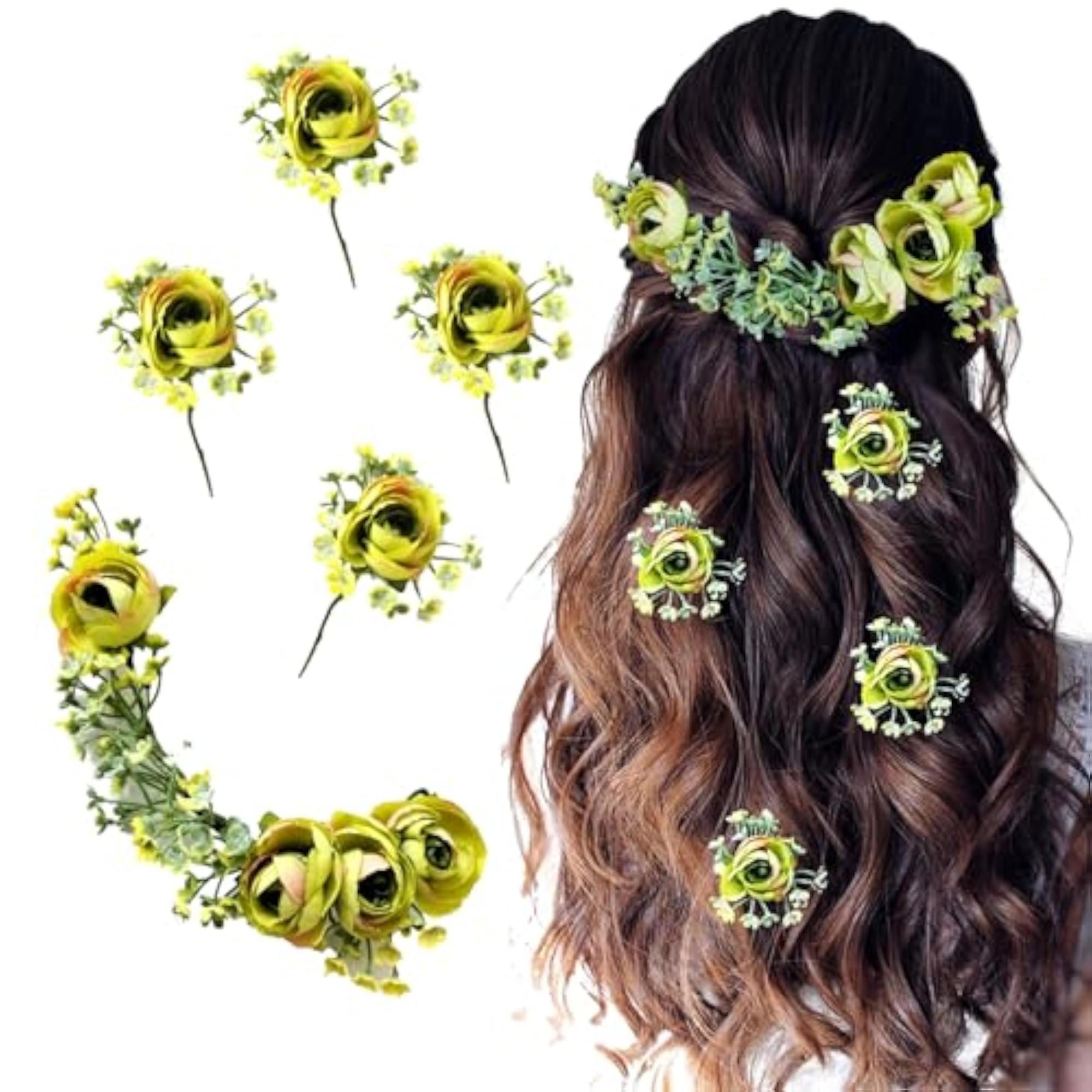 Floral Juda Pins with Green Leaf, Attractive Hair Accessories Combo Pack