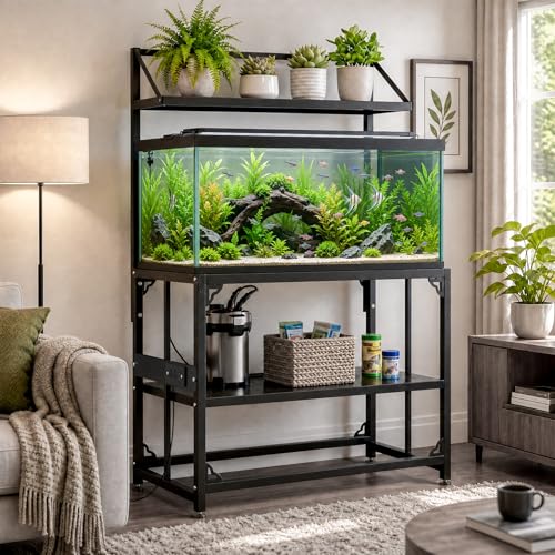 Image of Fish Tank Stand 40 Gallon 3 Layer, Metal Aquarium Stand with Power Outlet 36.5 inch L x 18.2 inch W x 56.2 inchH, 3-Layer Heavy-Duty Reptile Terrarium Stand, Suitable for Home and Office Use, 900LBS Capacity, Black (Tank not Included)