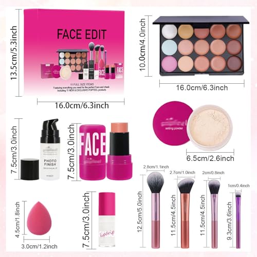 Alles in Einem Make up Set, 15 Farben Concealer Palette mit Face Stick Powder Primer Lip Oil Puff Oval Pinsel, 11Pcs Gesicht Komplettes Schminke Kosmetik Set Kit für Teenager Mädchen Frauen – Bild 3