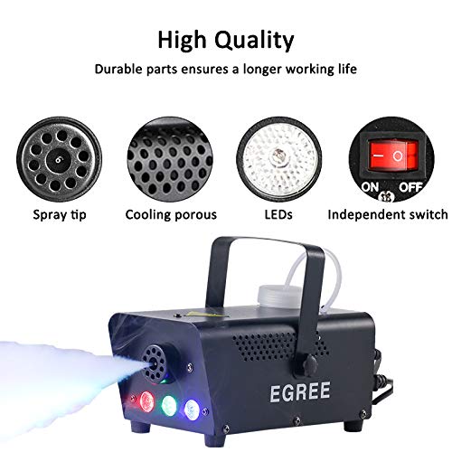 EGREE Fog Machine with Controllable lights - 500W Professional DJ LED Smoke Machine 3 Color Lights with Wireless Remote Control 2000 CFM Huge Fog Capacity for Halloween Holidays Parties - Metal Black