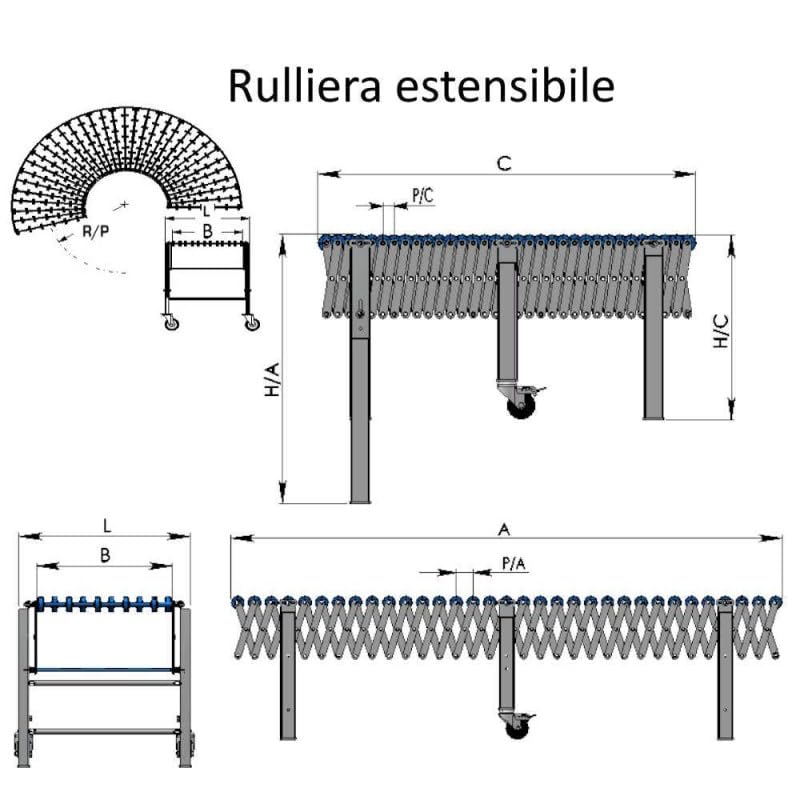 Rulliera estensibile in acciaio a doppio rullo mm.600x1000/3900xh.550-860 per movimentare prodotti industriali ES6/10/39/RDF