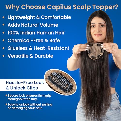Image of Capilus 100% Human Hair Extensions for Women, Clip in Scalp Topper /Hair Topper, Silk Based- (4 inchx4 inch, 16 Inches, Natural Brown)