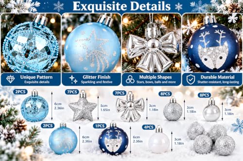35 Piece Christmas Tree Ornaments Set Decorative Balls with Stars Bows and Reindeer Designs for Holiday Decor Blue White and Silver - image 5