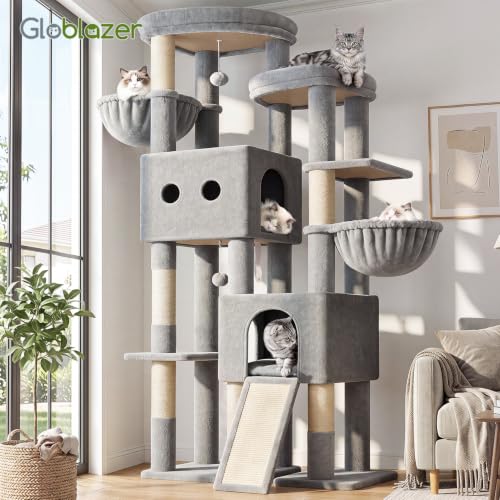 Image of Globlazer Sturdy Cat Tower for Indoor Cats 20lbs, 76in, S76E, Light Grey | Heavy Duty Cat Tree for Adult Big Cats Maine Coon with Scratching Post, 2 Extra Large Top Perch, 2 Padded Cat Condos