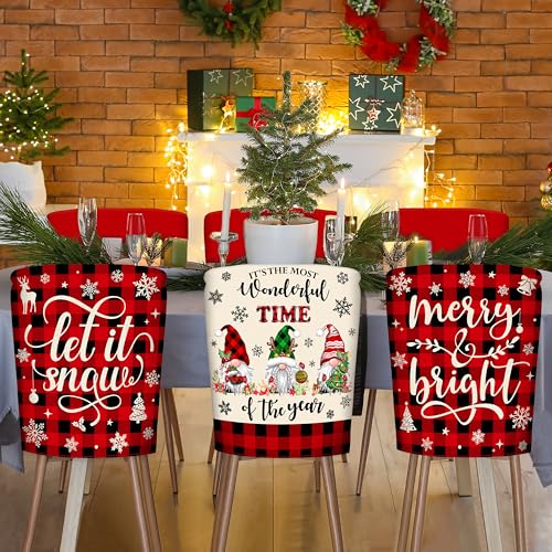 Image of TREWAVE Christmas Chair Covers Set of 6 Buffalo Plaid Chair Back Covers Holiday Dining Chair Slipcovers Protector Kitchen Dining Room Decor Festival Party Decoration
