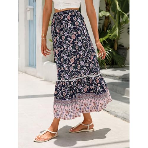 ZUEVI Women’s Long Skirts Bohemian Elastic High Waist A Line Maxi Skirt for Women Summer Flowy Swing Pleated Midi Skirts3
