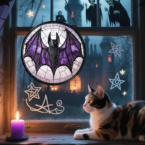 Image of Stained Glass Window Hanging - Halloween Black Bat Purple Wings Monster Suncatcher for Doors Garden Home Spooky Sun Catchers Gothic Decor Horror Gift for Women Men Friend Boy Girl 6.3 in