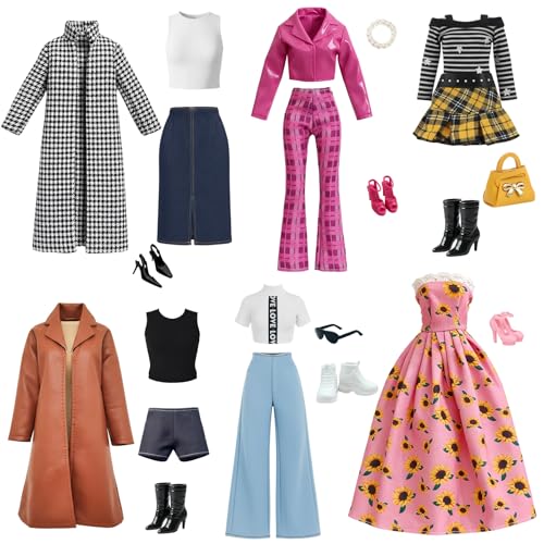 Zouonou 21 Stück Puppenkleidung Set für 11.5 Zoll Puppen Hahnentritt Trenchcoat Outfit Braune Lederjacke Shorts Set Y2K Kleid Trägerloses Sonnenblumen Kleid Mode Zubehör Geschenk für Mädchen