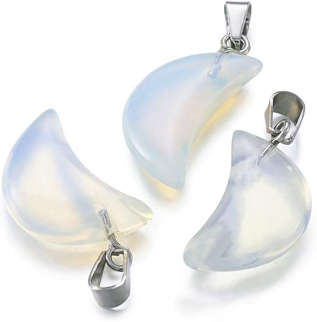 FASHEWELRY 10Pcs Opalite Moon Gemstone Pendants with Brass Hanger Bails 21-24x12-14mm Healing Chakra Dangle Moon Stone Charms for Necklace Jewelry Making