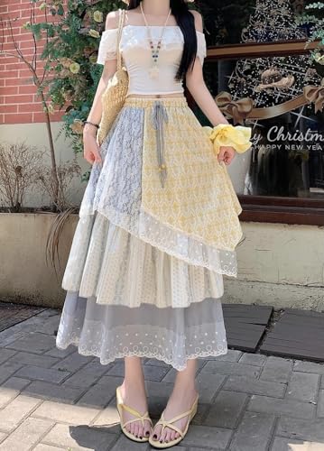 Bohemian Vacation Style Irregular lace midi Skirt for Women in Summer high Waisted with Ruffled Edges Loose A-line Skirt3
