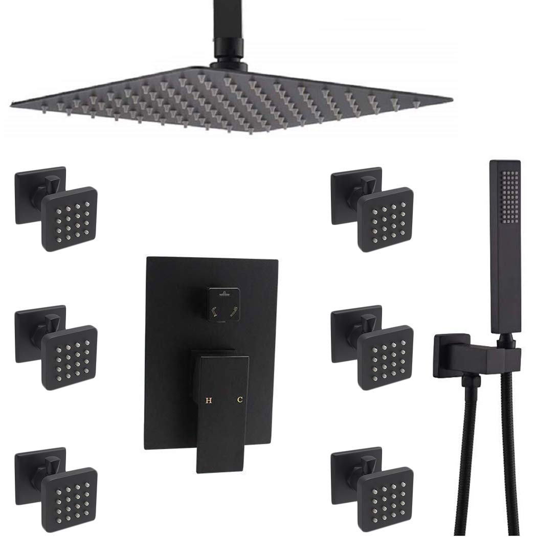 Enga12inch Rain Shower Jet System Body Spray with On-off Switch, Matte Black Ceiling Shower Faucet Set