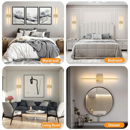 Image of 27.5 Inch Gold Battery Operated Wall Sconces Set of 2, LED Dimmable with Romote Control, 3CCT, Rechargeable, 360 Rotate, Wireless Wall Light for Living Room Hallway Bedroom