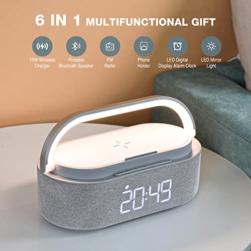 【2023 Newest】 Bluetooth Speaker With Digital Alarm Clock, Wireless Charger, Fm Clock Radio, Adjustable Led Night Light, Dual Wireless Speakers,2500Mah Battery For Bedroom,Home, Adaptor (Gray) #TOP1