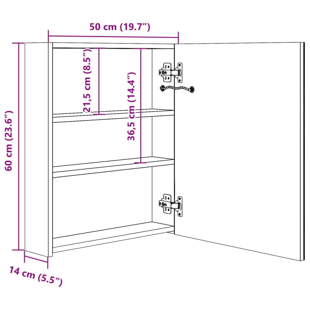 LED-Bad-Spiegelschrank Grau 50x14x60 cm, Wandmontage, mit 2 LED-Lichtleisten, 3 Ablagen, für Badezimmer, Kosmetik, Rasur