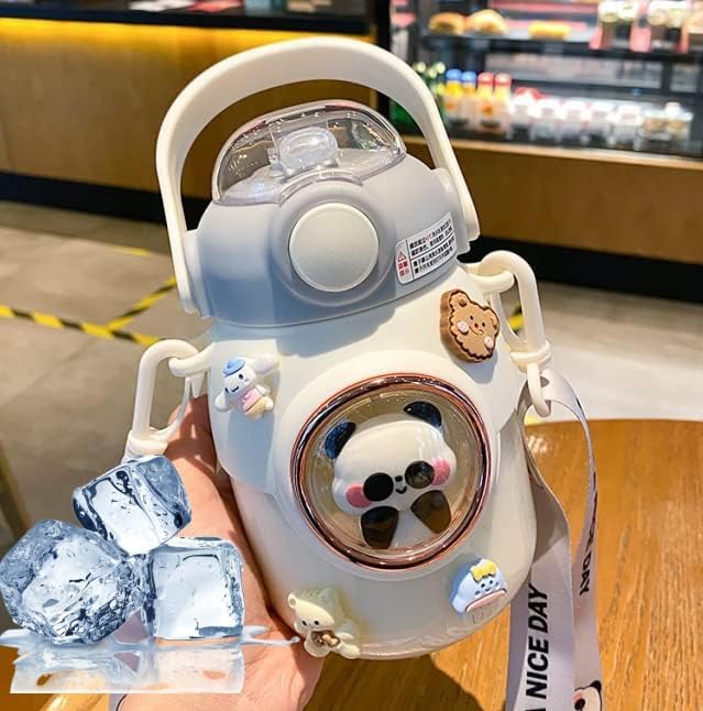 LEJN 28 oz Water Bottle Kawaii with Adjustable Shoulder Strap for Summer Cold Water Chill Portable Leakproof BPA-free Cartoon Children Cup Traveling Hiking Camping (White820ml) - Image 2