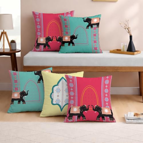 STITCHNEST Set of 5 Polycotton Cushion Covers – 16x16 Inches – Traditional Elephant & Arch Motif in Pink, Aqua & Yellow – Ethnic Festive Cushion Covers for Sofa & Home Decor