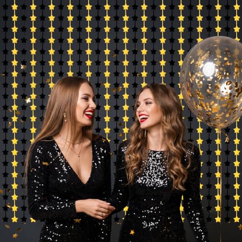 Image of TONIFUL Black Gold Star Foil Fringe Curtains 2 Packs 3.3 x 6.6 ft Metallic Tinsel Streamers Backdrop with Star Cutouts for Baby Shower Graduation New Year Birthday Party Decorations