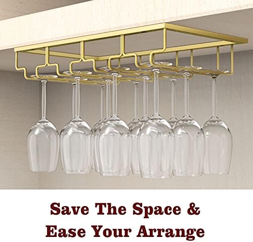 Nuovoware Wine Glass Rack, 4 Rows Wine Glass Holder Storage Hanger Metal Organizer Under Cabinet Stemware Rack for Bar Kitchen Cabinet, Nano Golden